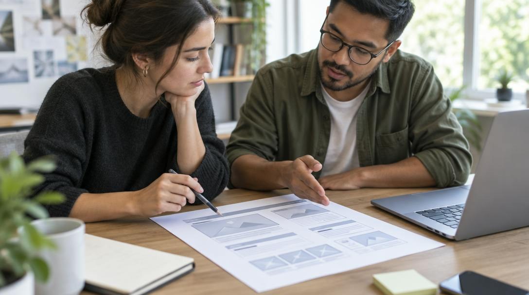 Duas pessoas analisando um wireframe impresso de site ao lado de um notebook em uma mesa de trabalho.