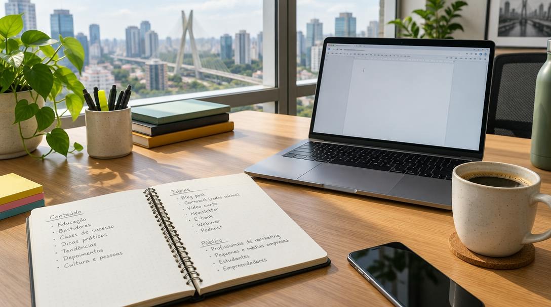 Mesa de trabalho em um escritório de São Paulo com caderno de pautas, notebook e café, representando o planejamento de conteúdo.