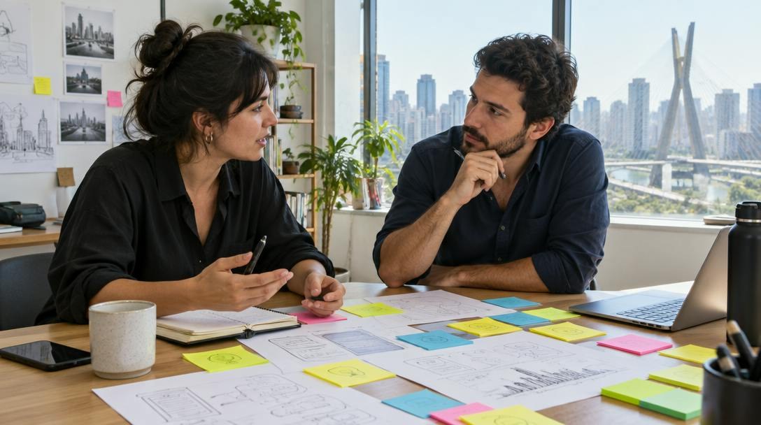 Dois sócios conversando em um estúdio iluminado em São Paulo, com post-its e esboços espalhados sobre a mesa.