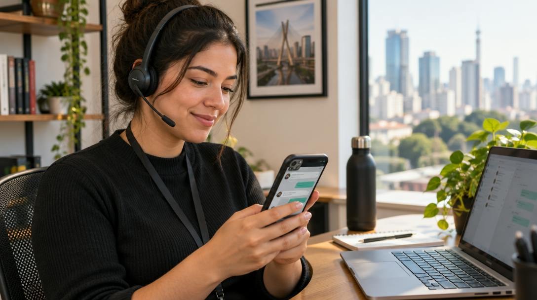 Profissional de atendimento em um escritório moderno segurando um celular com aplicativo de mensagens, com notebook aberto ao lado.