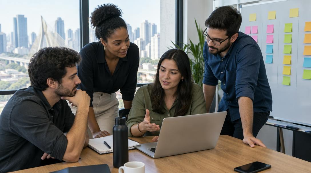 Pequena equipe comercial reunida em volta de uma mesa com notebook e um quadro de post-its coloridos organizados em colunas.