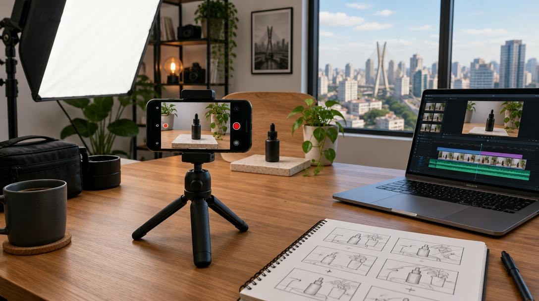 Mesa de criação de conteúdo com celular em tripé gravando um produto, luz de softbox e notebook com linha do tempo de vídeo.