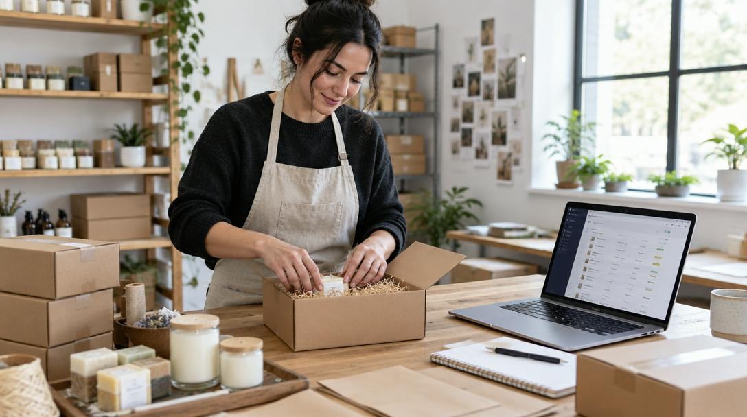 Empreendedora embalando pedidos em caixas ao lado de um notebook que mostra um painel de pedidos.