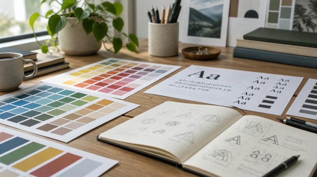 Mesa de designer com amostras de cores, folhas de tipografia e cadernos de rascunho sob luz natural.