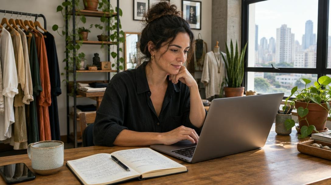 Dona de um pequeno negócio trabalhando em um notebook em um estúdio iluminado, com caderno de anotações e plantas ao redor.