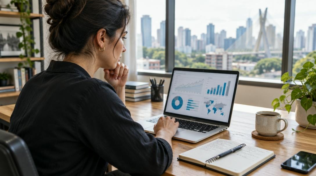 Empresário em uma mesa de escritório analisando gráficos de desempenho do site em um notebook, com caderno e café ao lado.