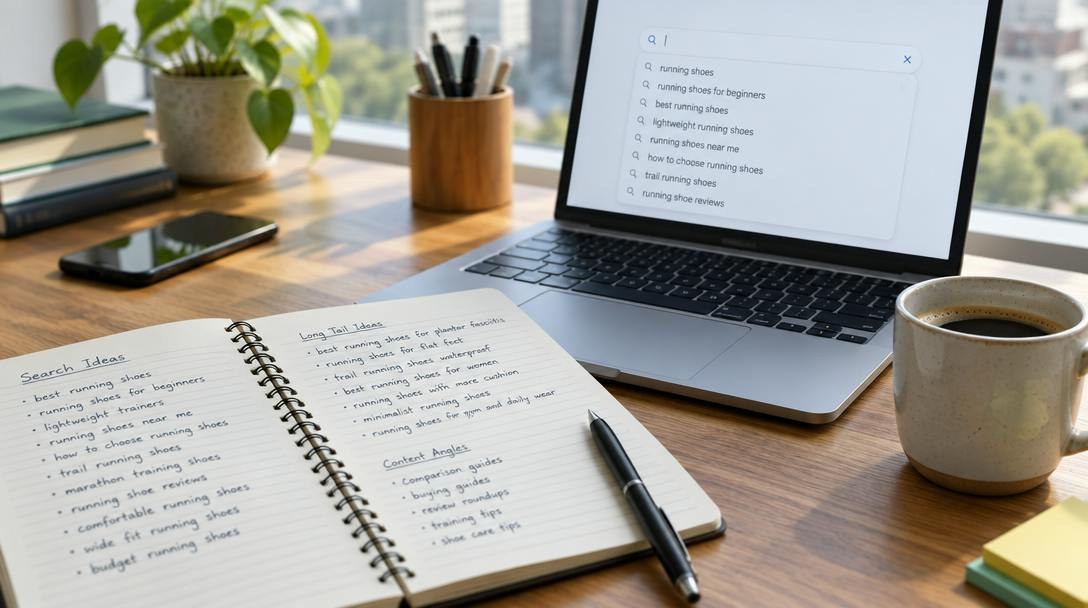 Mesa de trabalho com caderno de anotações, notebook exibindo sugestões de busca e uma xícara de café, sob luz natural.