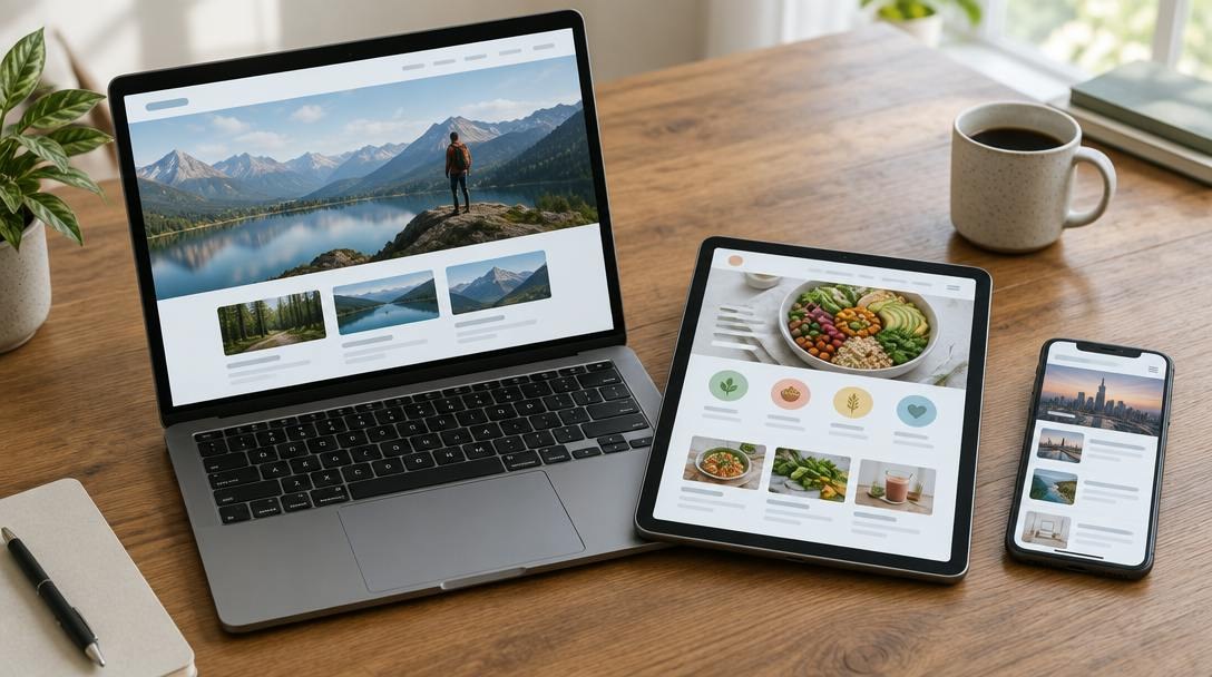 Notebook, tablet e celular sobre uma mesa mostrando layouts diferentes de sites.