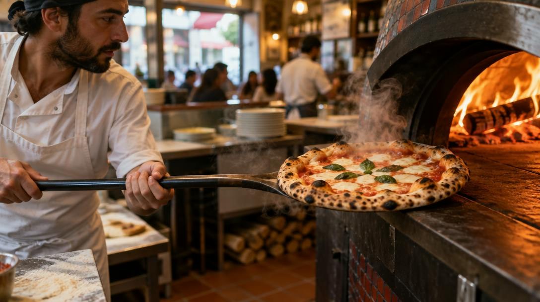 Pizzaiolo retirando uma pizza de um forno a lenha numa pizzaria de bairro, com vapor e luz de fogo.